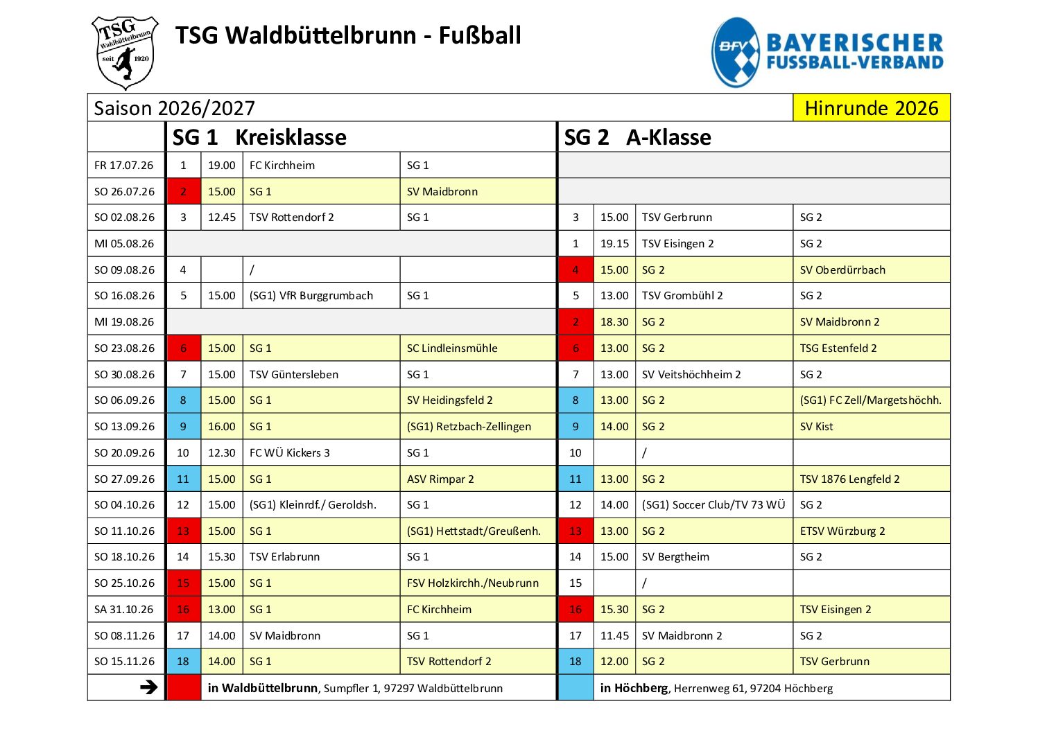 Termine der Hinrunde der SG1 und SG2